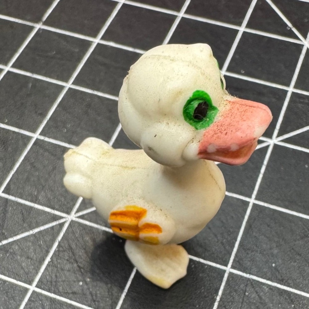 Vintage Miniature Rubber Duck Figurine White Bird Green Eyes Pink Beak 1.5 Inch